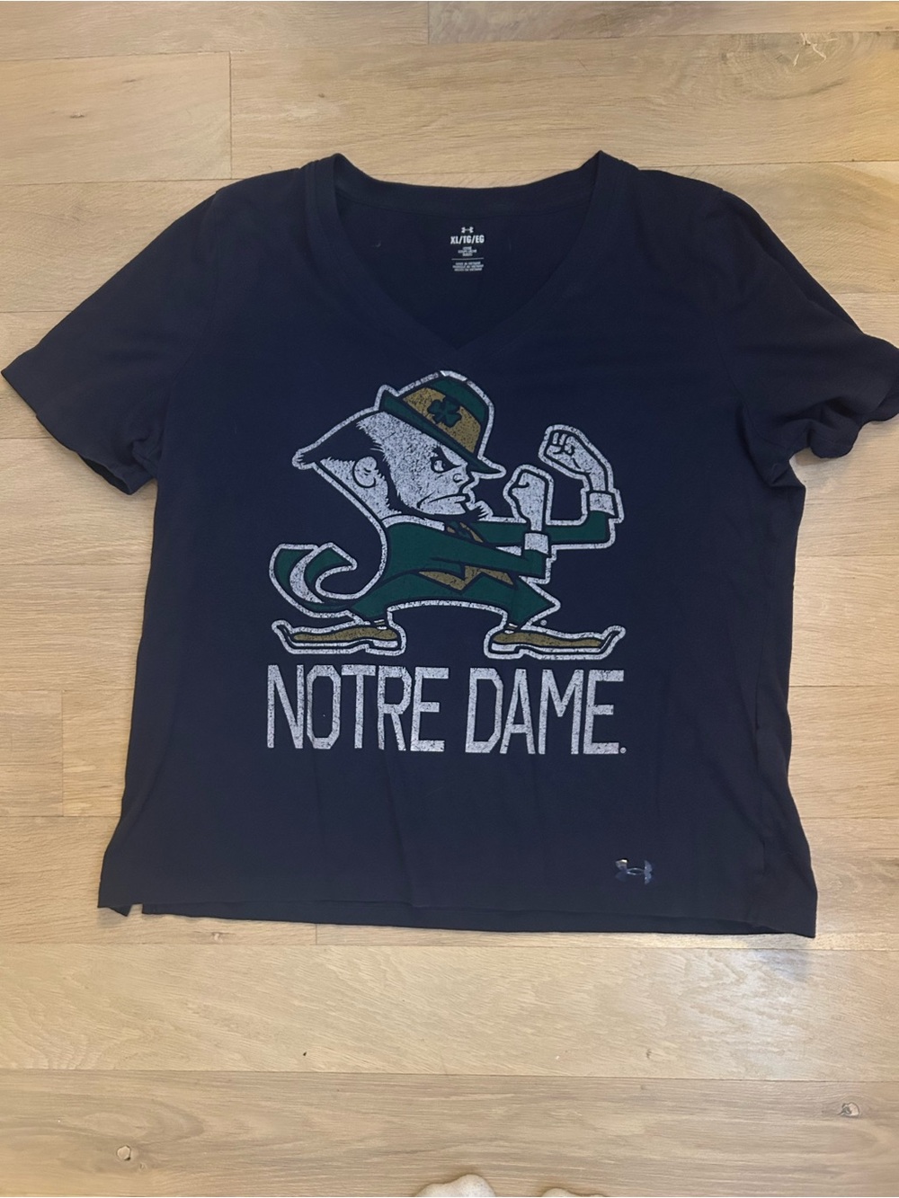 Under Armour Navy V-Neck Notre Dame Tee with Green & Gold Accent